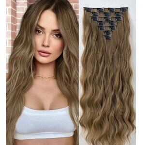 Human hair blend Ash light Brown Clip in 22 in Hair Extensions in Water Wave